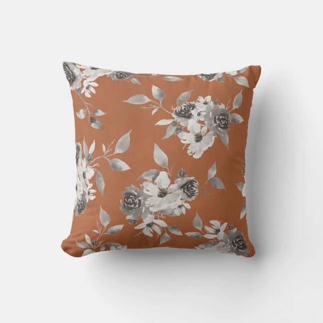 Herfst Floral Burnt Oranje en Sepia Pillow Buitenkussen (Voorkant)