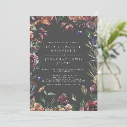 Herfst Floral Burst Lijst Moody Warm Tones Wedding Kaart (Staand voorkant)