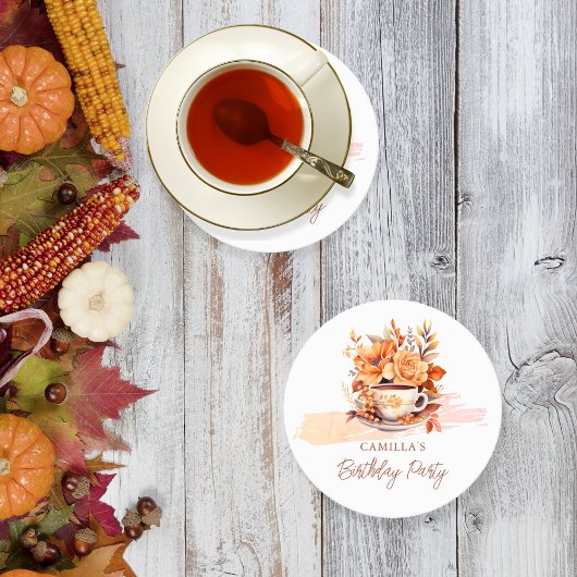 Herfst Floral Cottage Core Teacup Verjaardagstheef Ronde Kartonnen Onderzetter