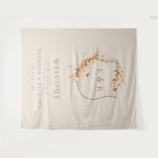 Herfst Floral Crest Monogram Huwelijk Welkom Wandkleed (Voorkant (horizontaal))