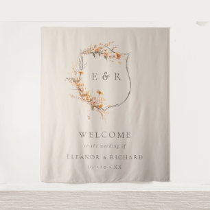 Herfst Floral Crest Monogram Huwelijk Welkom Wandkleed