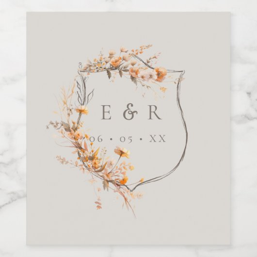 Herfst Floral Crest Monogram Huwelijk Wijn Etiket (Enkel label)