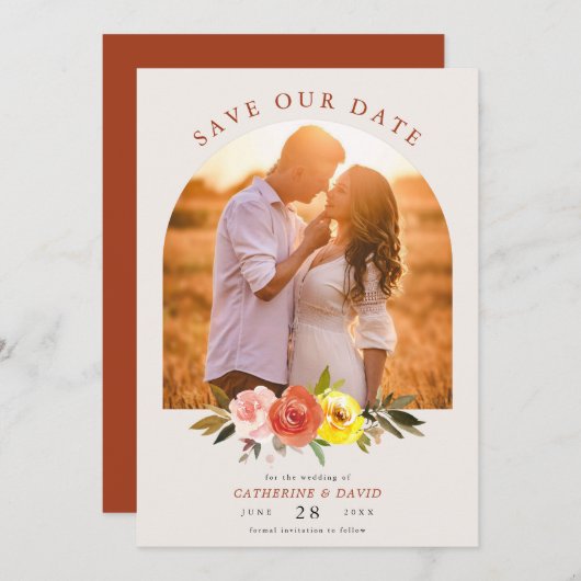 herfst Floral Custom Couple Photo Wedding Arch Save The Date (Voorkant / Achterkant)