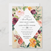 Herfst Floral Diamond Wedding Rustic Burgundy Kaart (Voorkant)