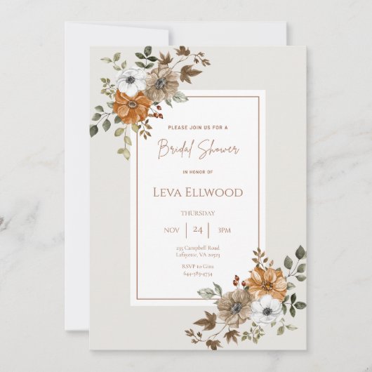 Herfst Floral Elegant Bridal Shower Invitation Kaart (Voorkant)