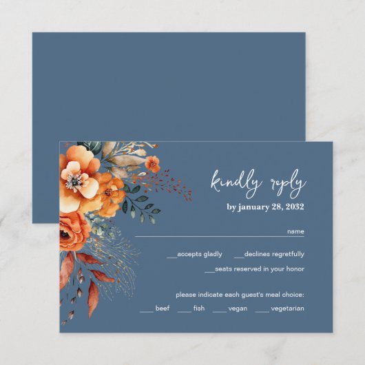 Herfst Floral elegante bruiloft stoffig blauw RSVP Kaartje (Voorkant / Achterkant)