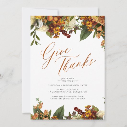 Herfst floral elegante Thanksgiving diner Kaart (Voorkant)