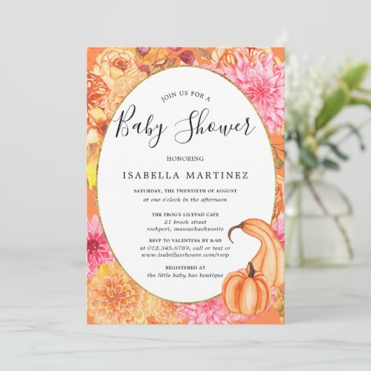 Herfst Floral en pompoen Baby shower Kaart (Staand voorkant)