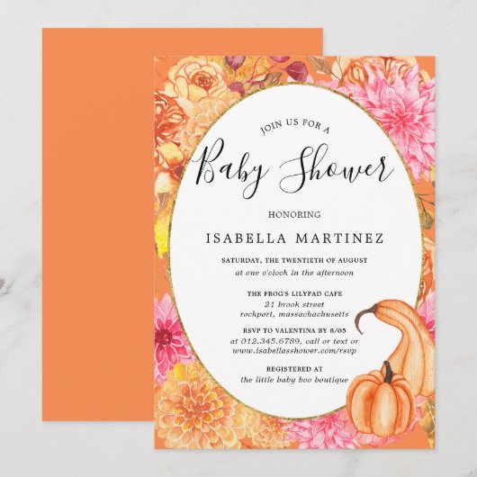 Herfst Floral en pompoen Baby shower Kaart (Voorkant / Achterkant)