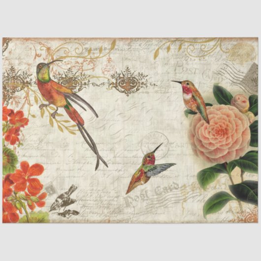 Herfst Floral Foliage Hummingbird Script Decoupage Tissuepapier (Voorkant)