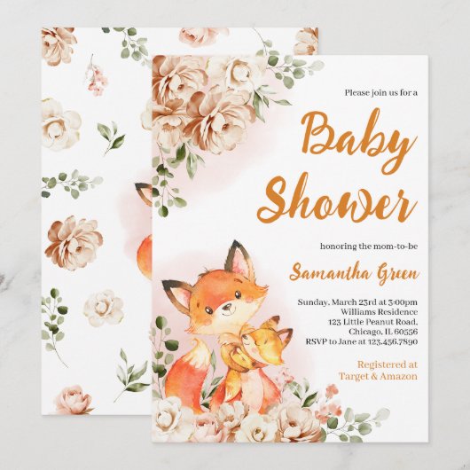 Herfst Floral Fox Baby shower Kaart (Voorkant / Achterkant)