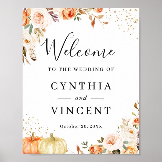 Herfst Floral Gold Confetti Wedding Welkom Poster (Voorkant)
