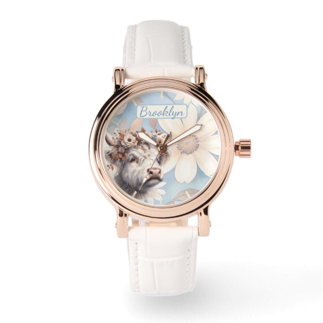 Herfst Floral Highland Koe Horloge (Voorkant)