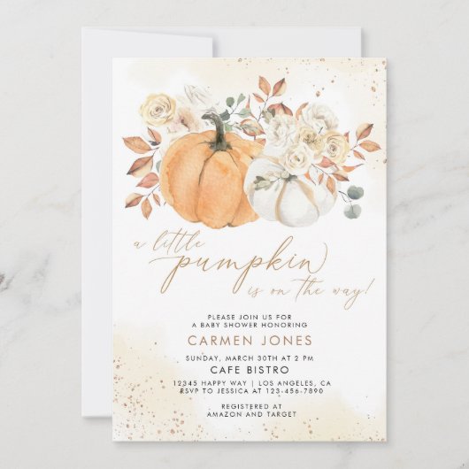 Herfst Floral Little Pumpkin Baby shower Invitatio Kaart (Voorkant)