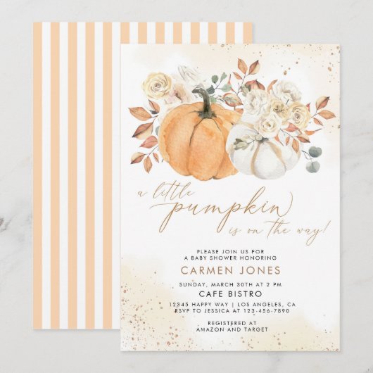 Herfst Floral Little Pumpkin Baby shower Invitatio Kaart (Voorkant / Achterkant)