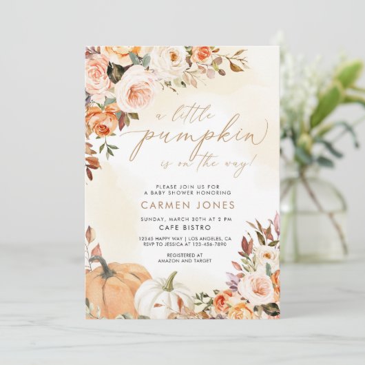 Herfst Floral Little Pumpkin Baby shower Invitatio Kaart (Staand voorkant)