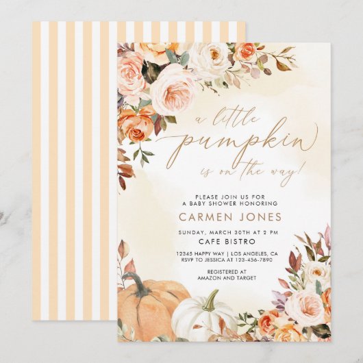 Herfst Floral Little Pumpkin Baby shower Invitatio Kaart (Voorkant / Achterkant)
