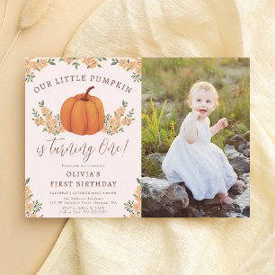 Herfst Floral Little Pumpkin Girl 1st Birthday Fot Kaart