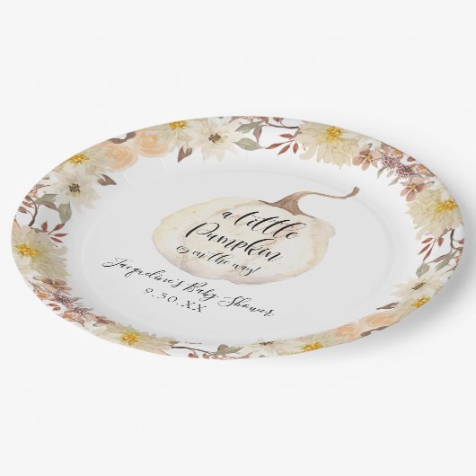 Herfst Floral Little Pumpkin Waterverf Baby shower Papieren Bordje (Gekanteld)