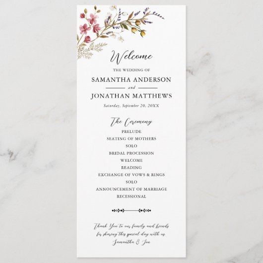 Herfst Floral Modern Wildflowers Wedding Programmakaart (Voorkant)