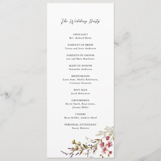 Herfst Floral Modern Wildflowers Wedding Programmakaart (Achterkant)