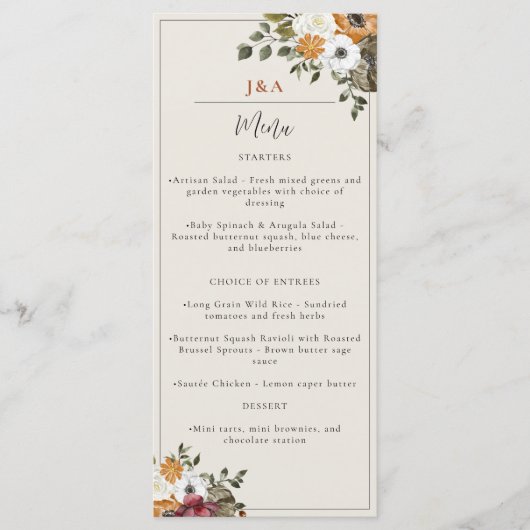 Herfst Floral Monogram Weddenschap Waterverf Ivory Menu (Voorkant)