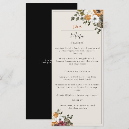 Herfst Floral Monogram Wedding Waterverf Black Menu (Voorkant / Achterkant)