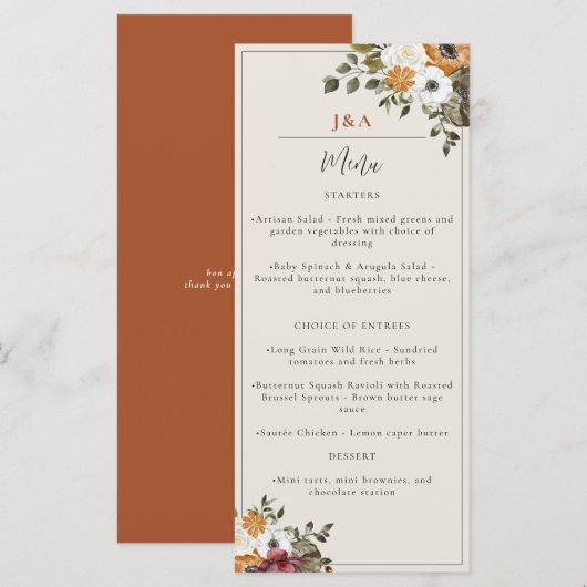 Herfst Floral Monogram Wedding Waterverf Terracott Menu (Voorkant / Achterkant)