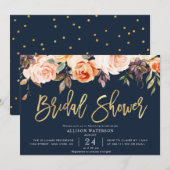 herfst floral navy blue bridal doucheuitnodiging kaart (Voorkant / Achterkant)