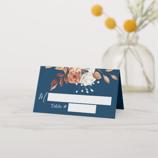 Herfst Floral Navy Blue Wedding Place Card Plaatskaartje (Voorkant)