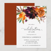 Herfst Floral Oranje Burgundy Celebration of Life Kaart (Voorkant / Achterkant)