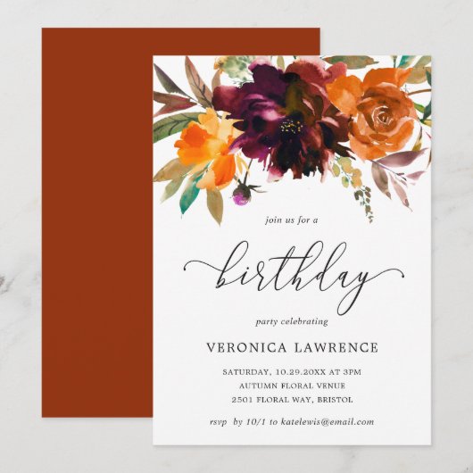 Herfst Floral Oranje Burgundy Woman Birthday Kaart (Voorkant / Achterkant)