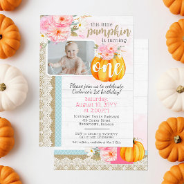Herfst Floral Pumpkin Baby Girl's 1e Verjaardag Fo Kaart