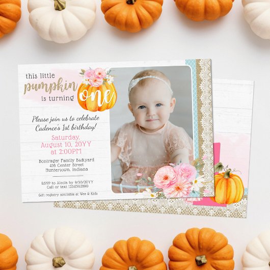 Herfst Floral Pumpkin Baby Girl's 1e Verjaardag Fo Kaart