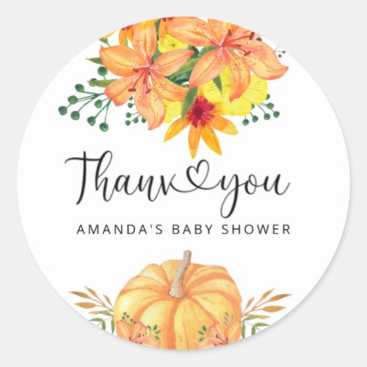 Herfst floral pumpkin baby shower bedankt ronde sticker (Voorkant)