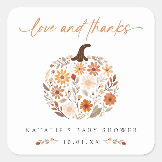Herfst Floral Pumpkin Baby shower Dank u Vierkante Sticker (Voorkant)