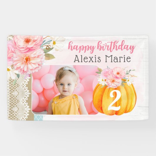 Herfst Floral Pumpkin Girl's Custom Verjaardagsfot Spandoek (Horizontaal)