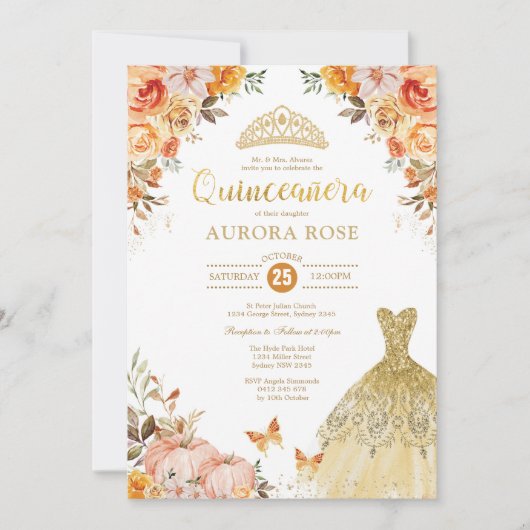 Herfst Floral Pumpkin Quinceañera Mis Quince Anos Kaart (Voorkant)