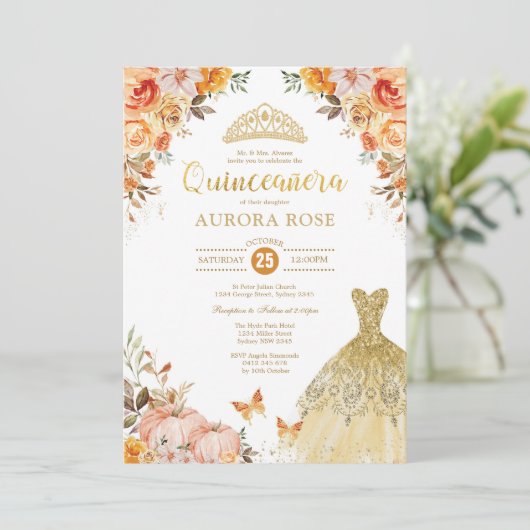 Herfst Floral Pumpkin Quinceañera Mis Quince Anos Kaart (Staand voorkant)