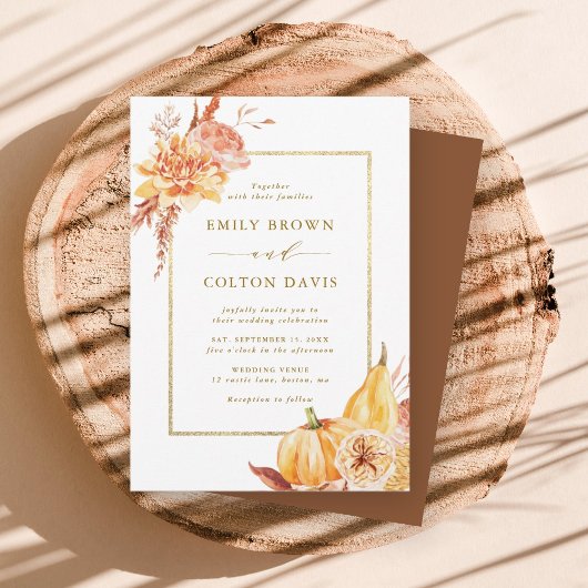 Herfst Floral Pumpkin Rustic Wedding Gold Script Kaart