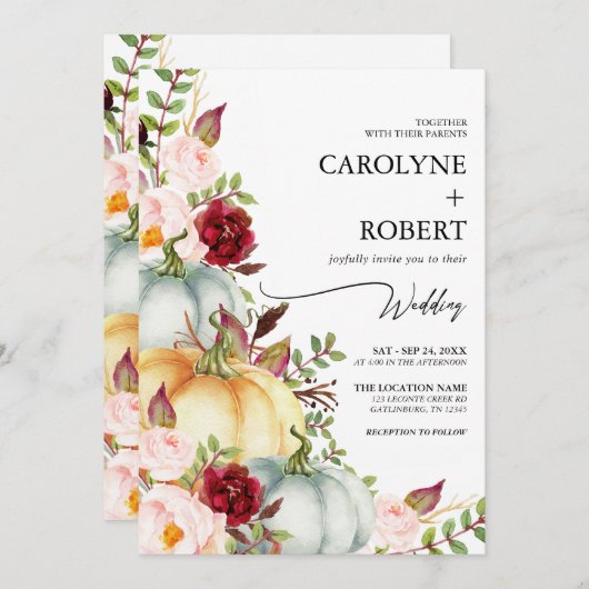Herfst Floral Pumpkin Weddenschap Kaart (Voorkant / Achterkant)