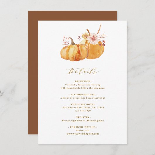 Herfst Floral Pumpkin Wedding Gold Informatiekaartje (Voorkant / Achterkant)