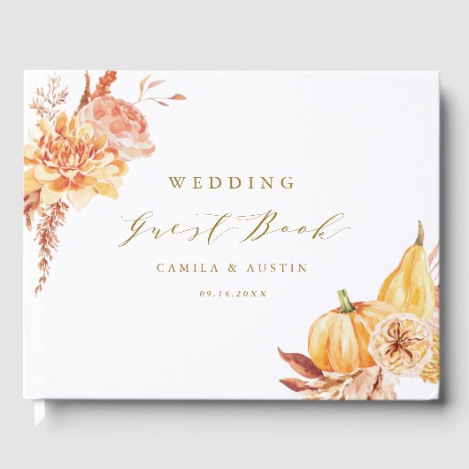 Herfst Floral Pumpkin Wedding Gold Script Gastenboek (Voorkant)