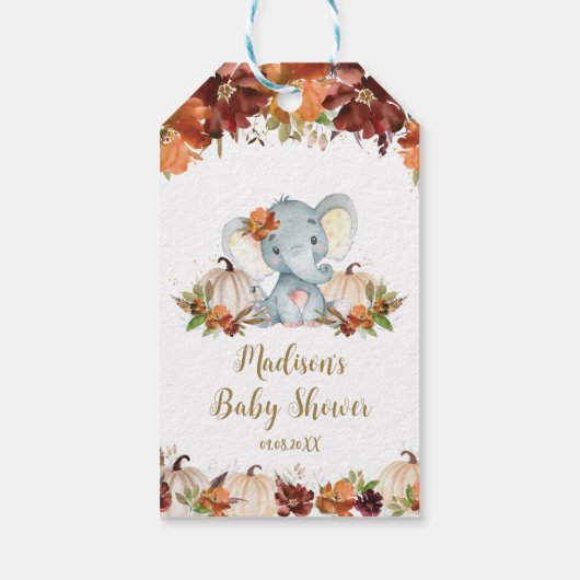 Herfst Floral Pumpkins Cute Elephant Baby shower Cadeaulabel (Achterkant)