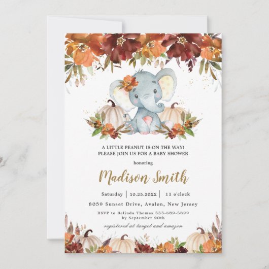 Herfst Floral Pumpkins Cute Elephant Baby shower Kaart (Voorkant)