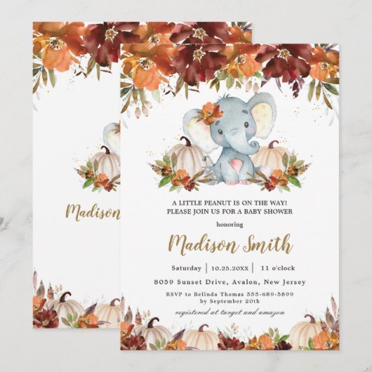Herfst Floral Pumpkins Cute Elephant Baby shower Kaart (Voorkant / Achterkant)