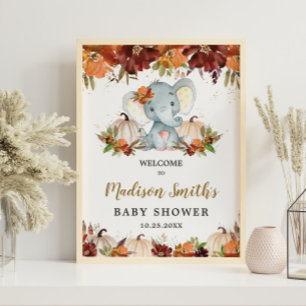 Herfst Floral Pumpkins Cute Elephant Baby shower Poster