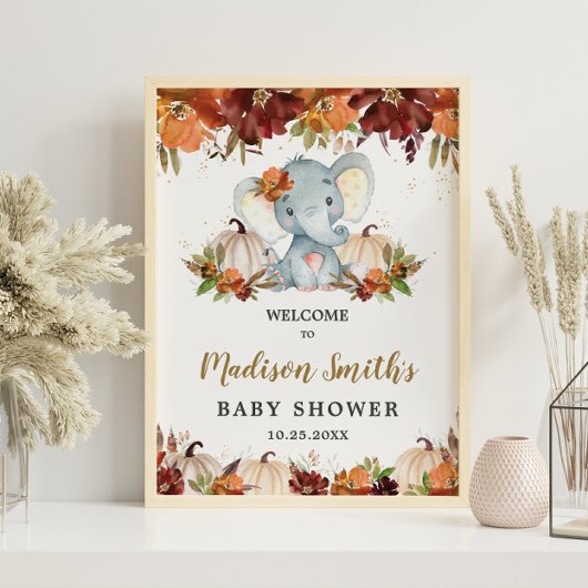 Herfst Floral Pumpkins Cute Elephant Baby shower Poster