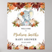 Herfst Floral Pumpkins Cute Elephant Baby shower Poster (Voorkant)