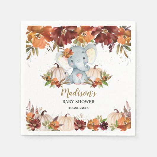 Herfst Floral Pumpkins Cute Elephant Baby shower Servet (Voorkant)